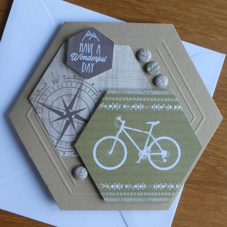 Hexagonal Birthday Card - Bicycle and Compass