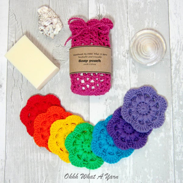 Cotton rainbow scrubbies and soap saver, soap pouch set. Face wipes  Soap sock.