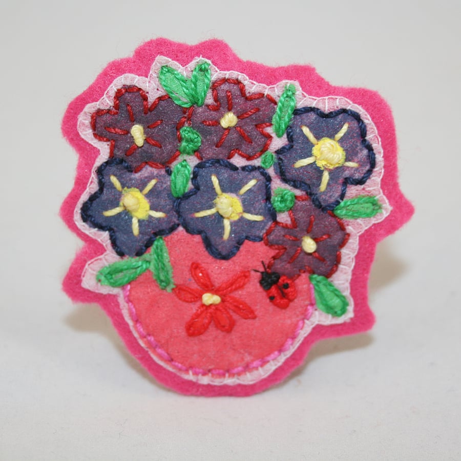 Ladybird  Brooch Pink Flower Bowl - painted and stitched