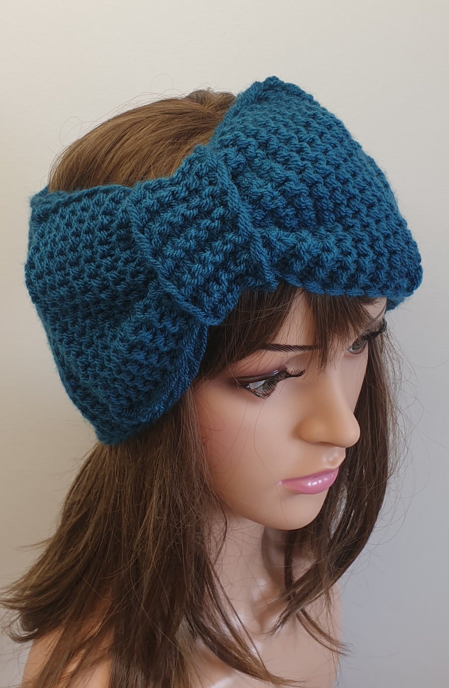 Hand knitted headband with large bow