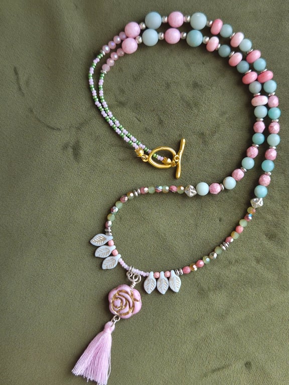 Long 31 Inch Beaded Ocean Tassel Necklace – Pink Rose Pendant with Natural Gemst