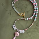 Long 31 Inch Beaded Ocean Tassel Necklace – Pink Rose Pendant with Natural Gemst