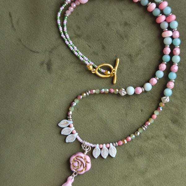 Long 31 Inch Beaded Ocean Tassel Necklace – Pink Rose Pendant with Natural Gemst