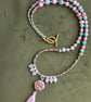 Long 31 Inch Beaded Ocean Tassel Necklace – Pink Rose Pendant with Natural Gemst