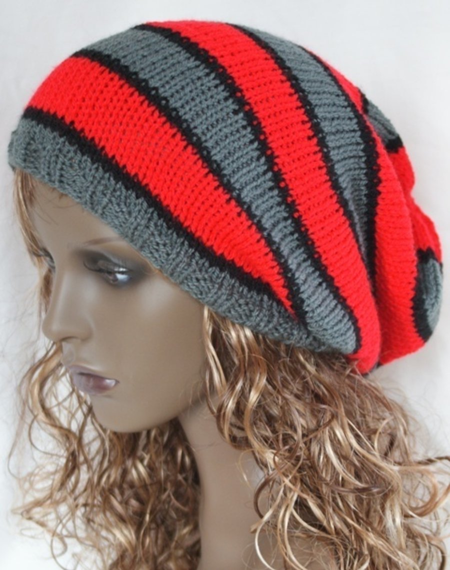 Knitted Oversized  Stripey Slouchy Beanie Hat in RedDark Grey and Black