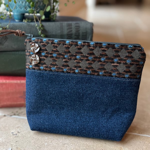 Reclaimed denim and dark chenille pouch with vintage buttons