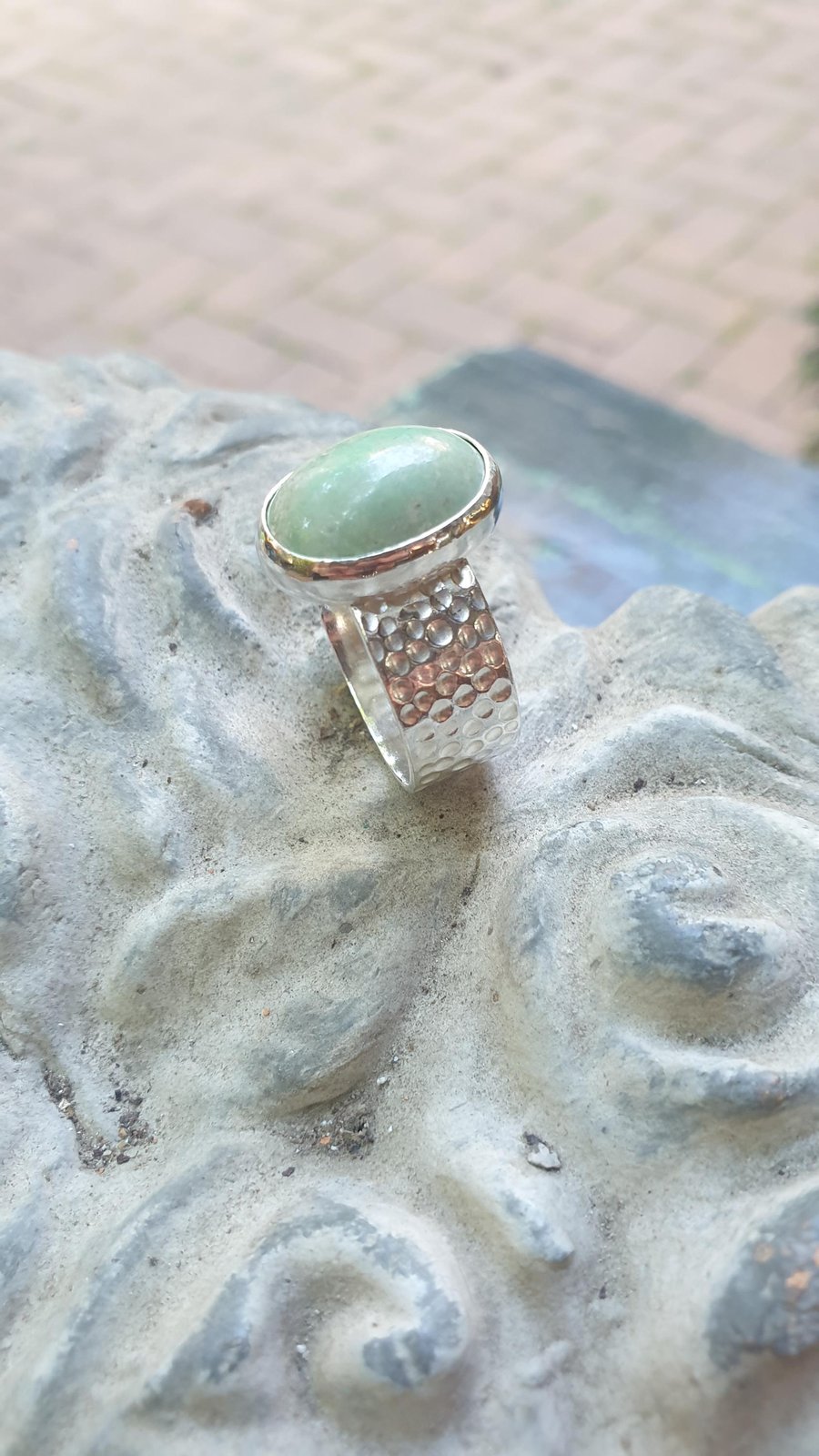 Beautiful Artisan Sterling Silver 925 Textured Wide Ring With Natural Prehnite S