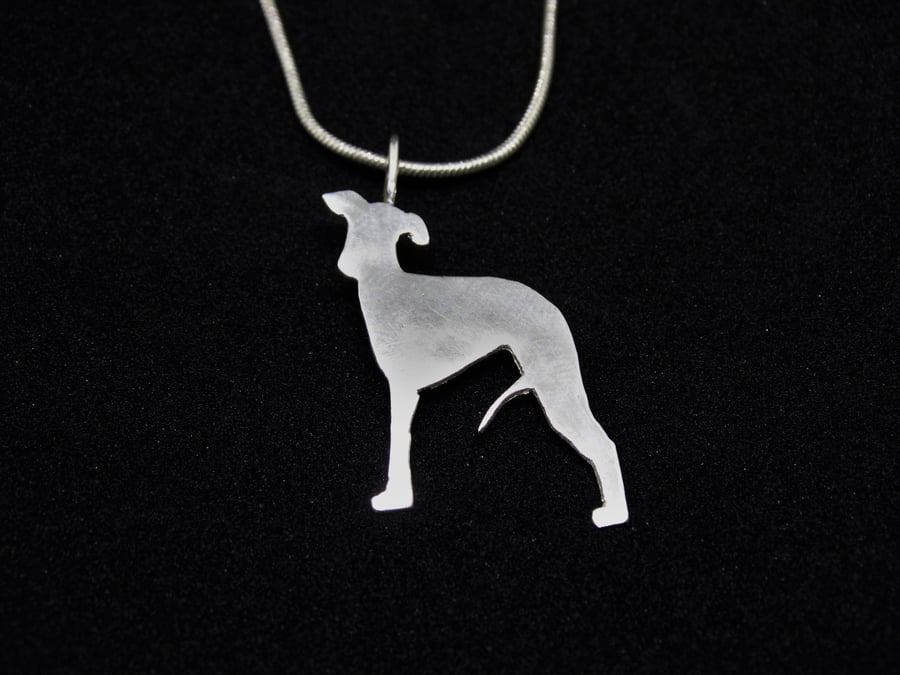 sterling silver, hand cut, pierced whippet, greyhound pendant
