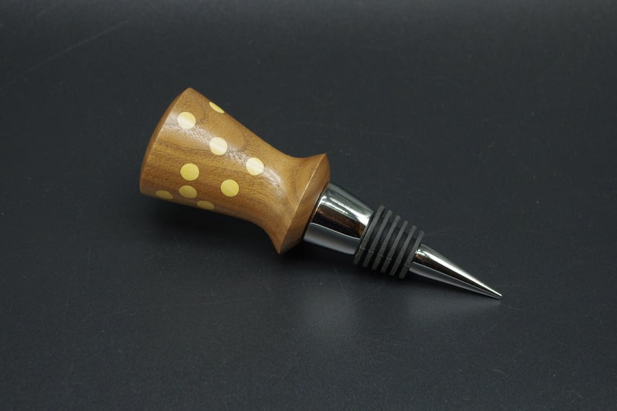 Hand Turned Wooden Bottle Stopper. Walnut With Birch dots.
