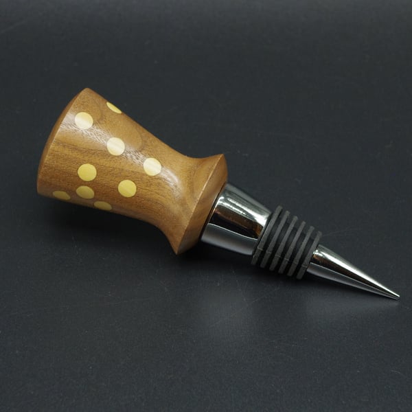 Hand Turned Wooden Bottle Stopper. Walnut With Birch dots.