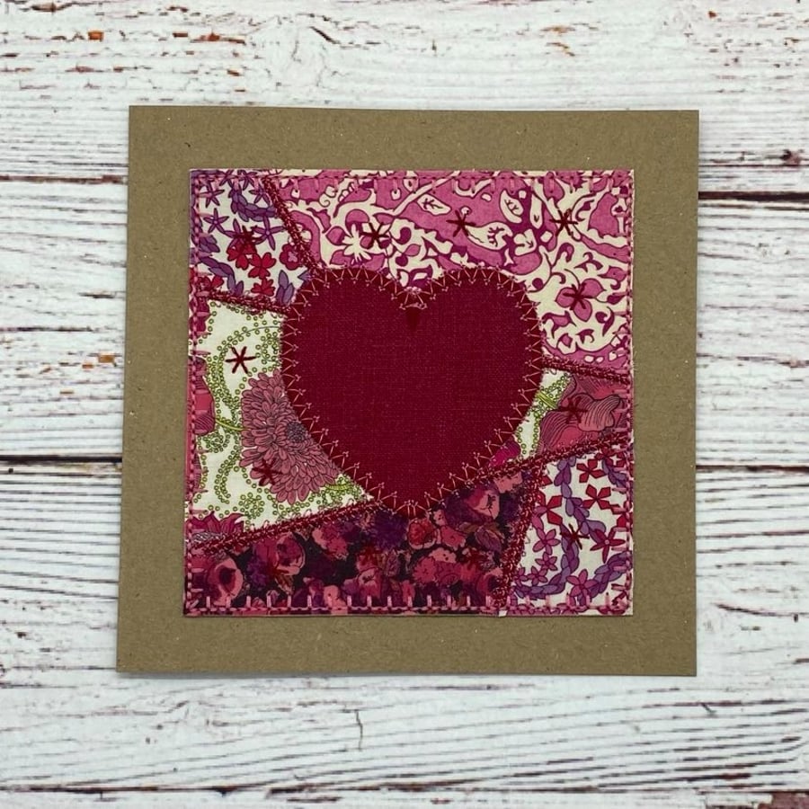 Crazy patchwork Card, Red Heart card, Love-heart Textile Card, Abstract Card