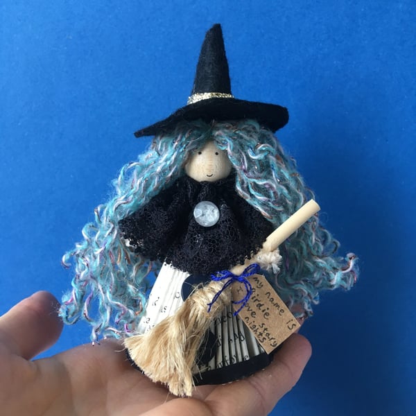 Witch Doll Decoration, Folded Book Art, Witch Core Decoration, Sparkly Turquoise