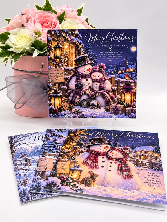 Festive Winter Scenes Christmas Cards – Pack of 4 Square 14 cm with Envelopes