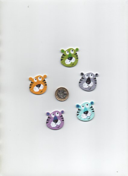 5 hand-finished painted assorted wooden TIGER craft buttons CLEARANCE