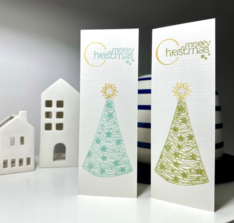 Pack of 2 Christmas tree cards, linen, glittery, hand printed & painted 