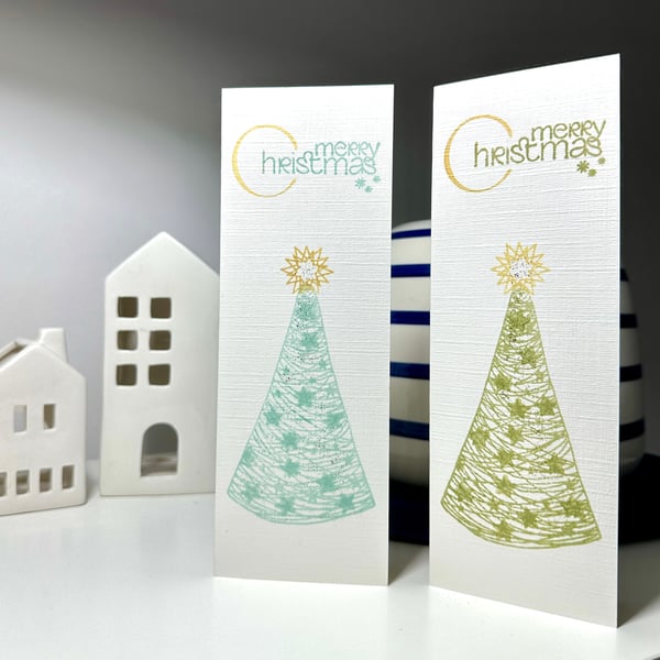 Pack of 2 Christmas tree cards, linen, glittery, hand printed & painted 