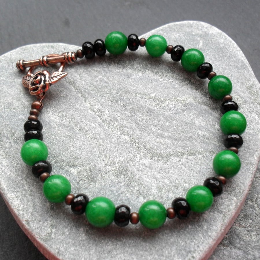 Antique Copper Tone Bracelet With Black Agate and Green Quartzite