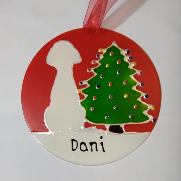 Labradoodle and Christmas tree sun catcher decoration