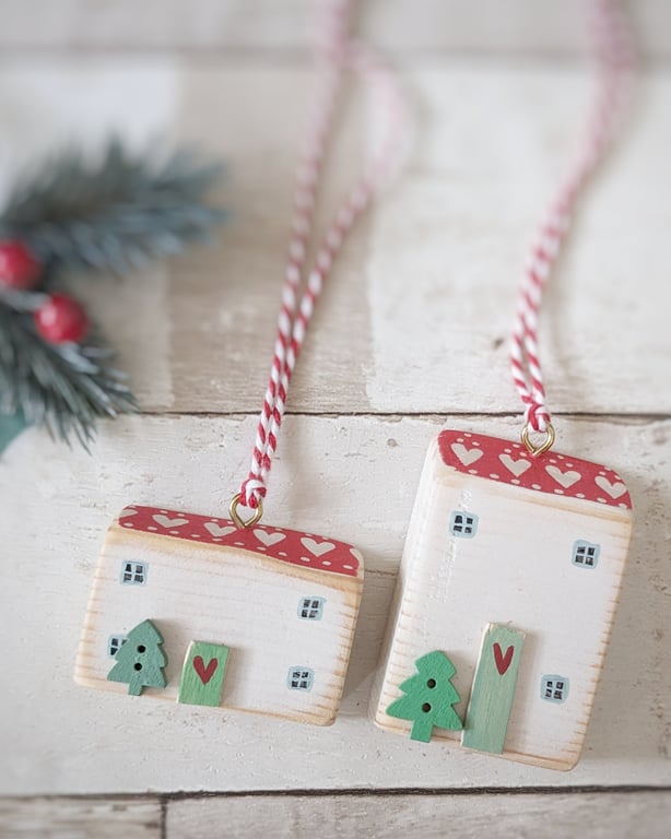 Set of 2 Wooden Christmas House Hanging Decorations