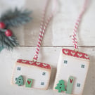 Set of 2 Wooden Christmas House Hanging Decorations