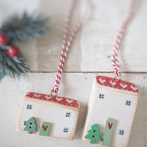 Set of 2 Wooden Christmas House Hanging Decorations