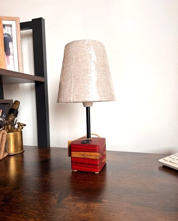 Padauk Wood Bedside Lamp with Shade - Handmade Table Light UK