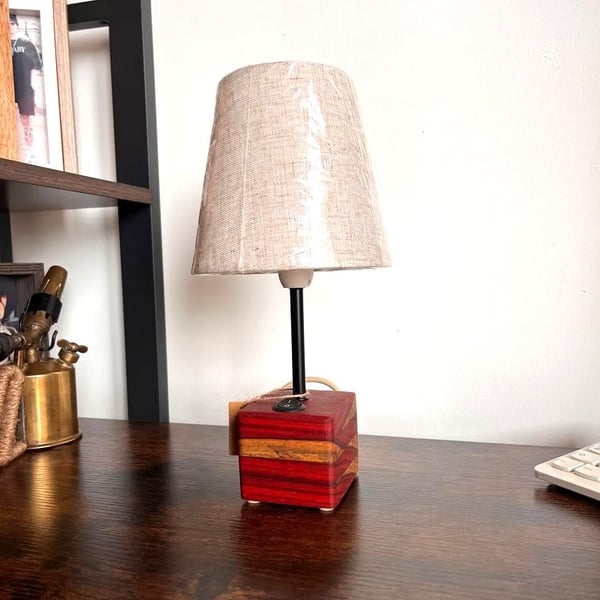 Padauk Wood Bedside Lamp with Shade - Handmade Table Light UK
