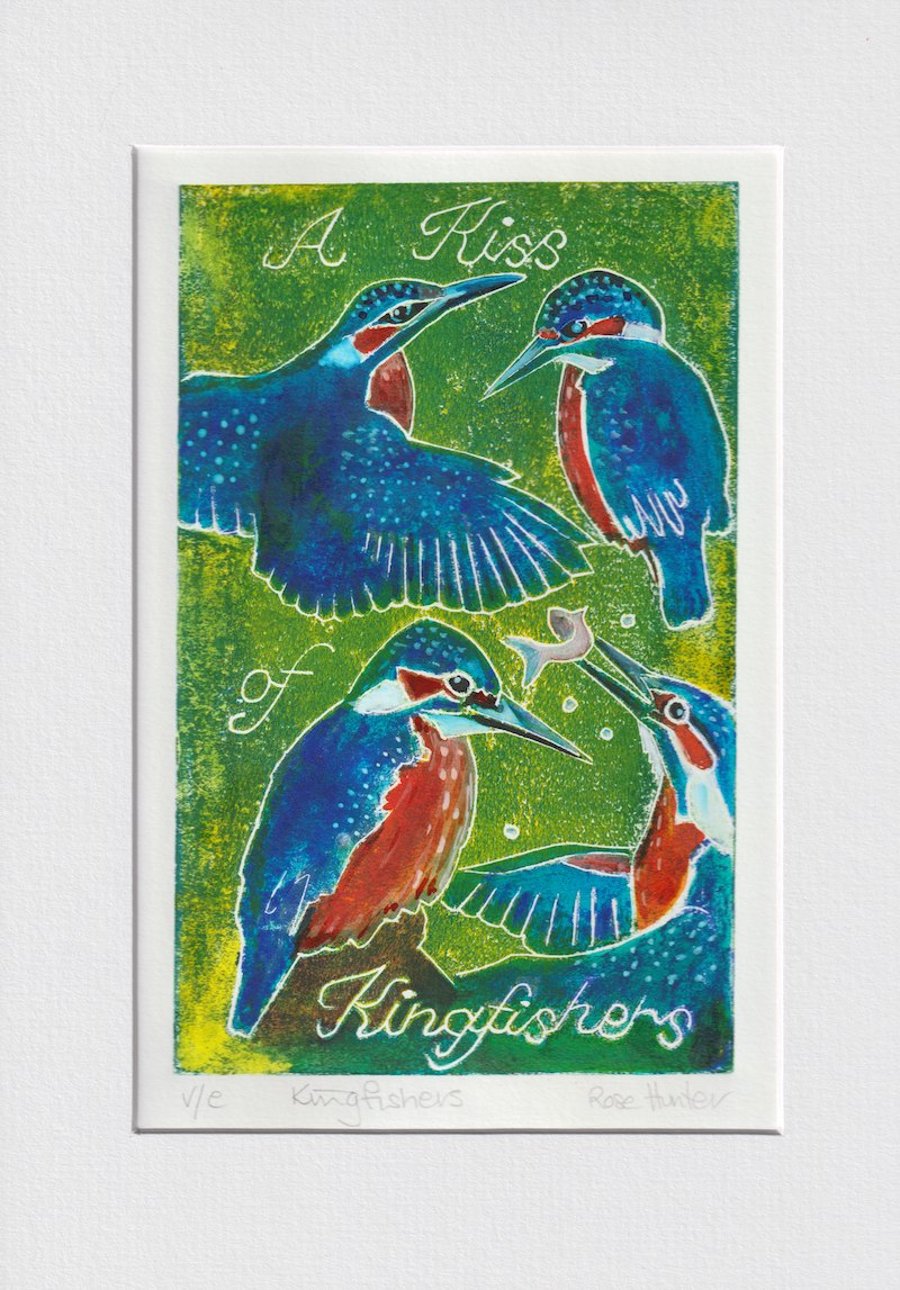 A Kiss of Kingfishers - 003 original hand painted Lino print