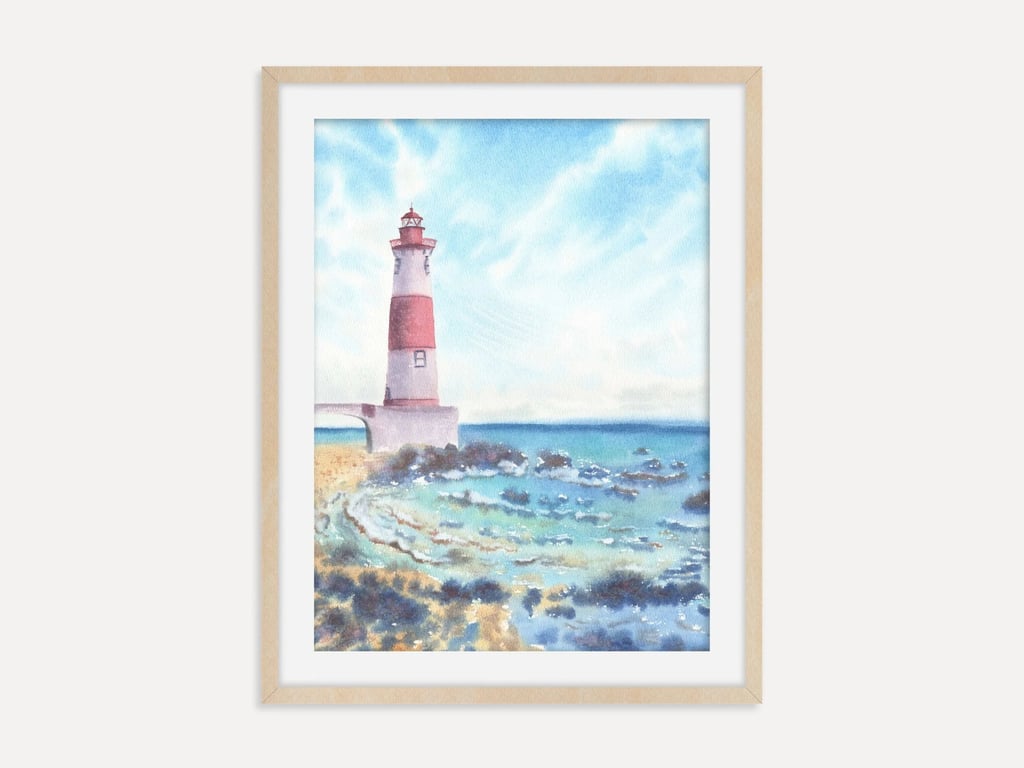 Coastal Lighthouse Art Print, Ocean Wall Decor, Nautical Beach House Artwork