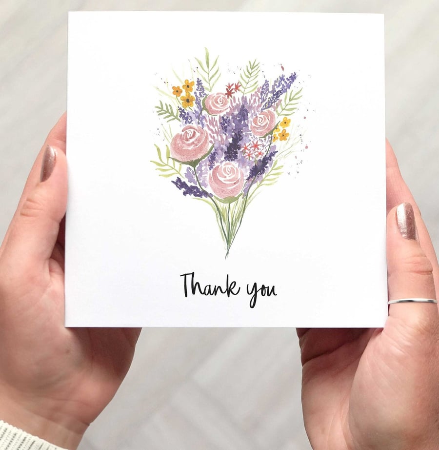 Floral Thank You Card, Minimalist Thank You Card with Watercolour Floral Bouquet