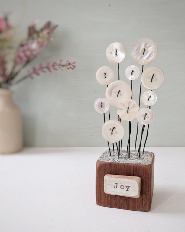 Mother of Pearl Buttons in a Wood Block 'Joy'