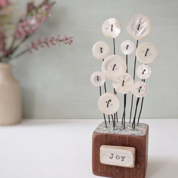 Mother of Pearl Buttons in a Wood Block 'Joy'