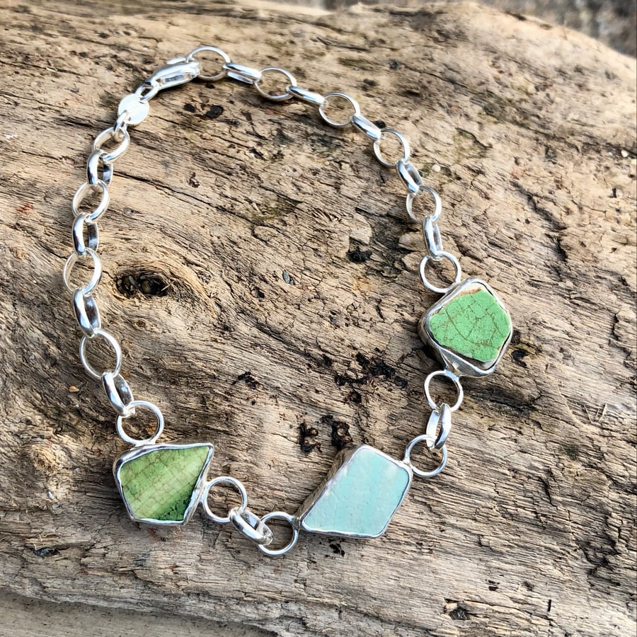 Trio of Green Sea Pottery & Silver Bracelet - 1205
