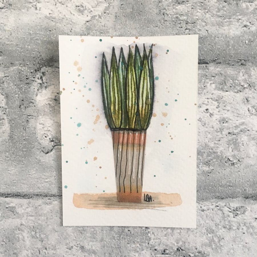 Original ACEO in watercolour and collage house plant