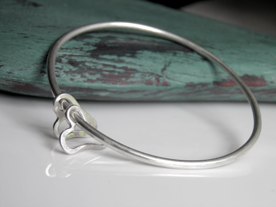 Sterling Silver Heart Bangle, Handcrafted Double Heart Charm Simple Minimal