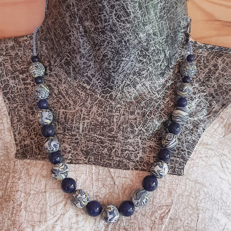 Handmade navy, yellow and white polymer clay necklace