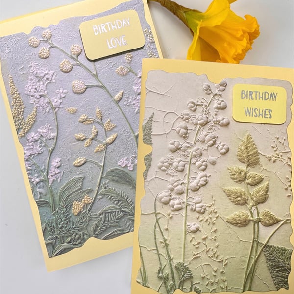 Birthday cards, wishes, love, yellow floral embossed card, blossom and foliage. 