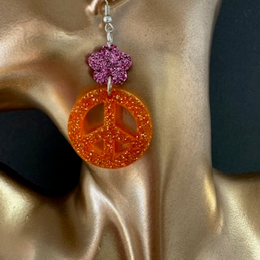 Peace Symbol and Flower Earrings