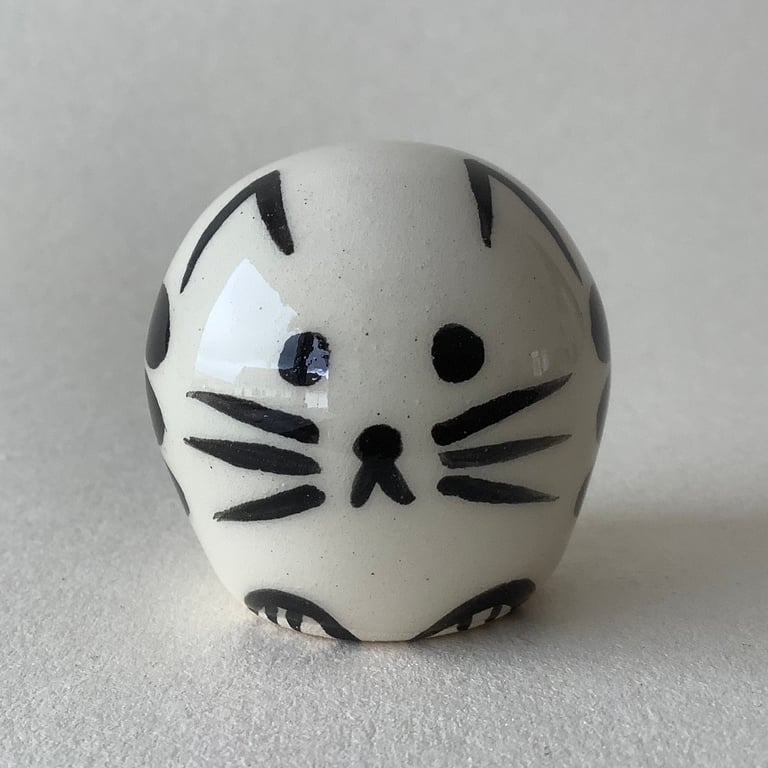 Small Wheel Thrown and Hand-Painted Ceramic Black Striped Cat