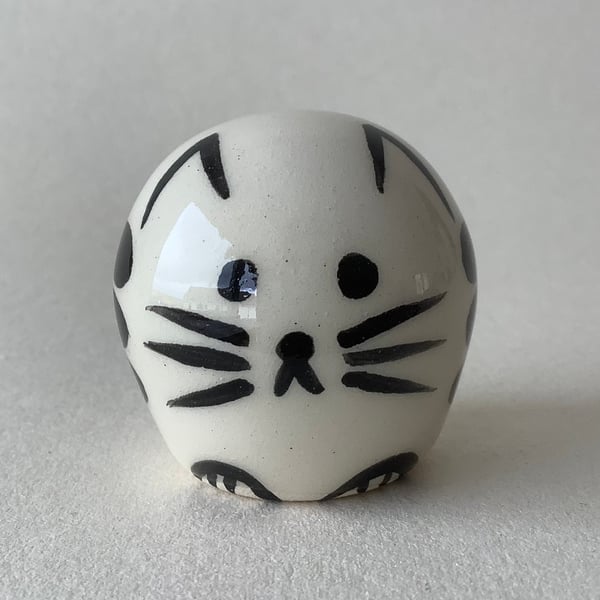 Small Wheel Thrown and Hand-Painted Ceramic Black Striped Cat