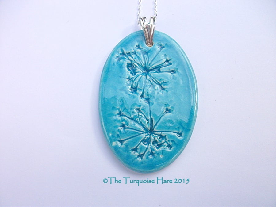 Ceramic Pendant Necklace - imprinted with Queen Anne Lace - Sterling silver