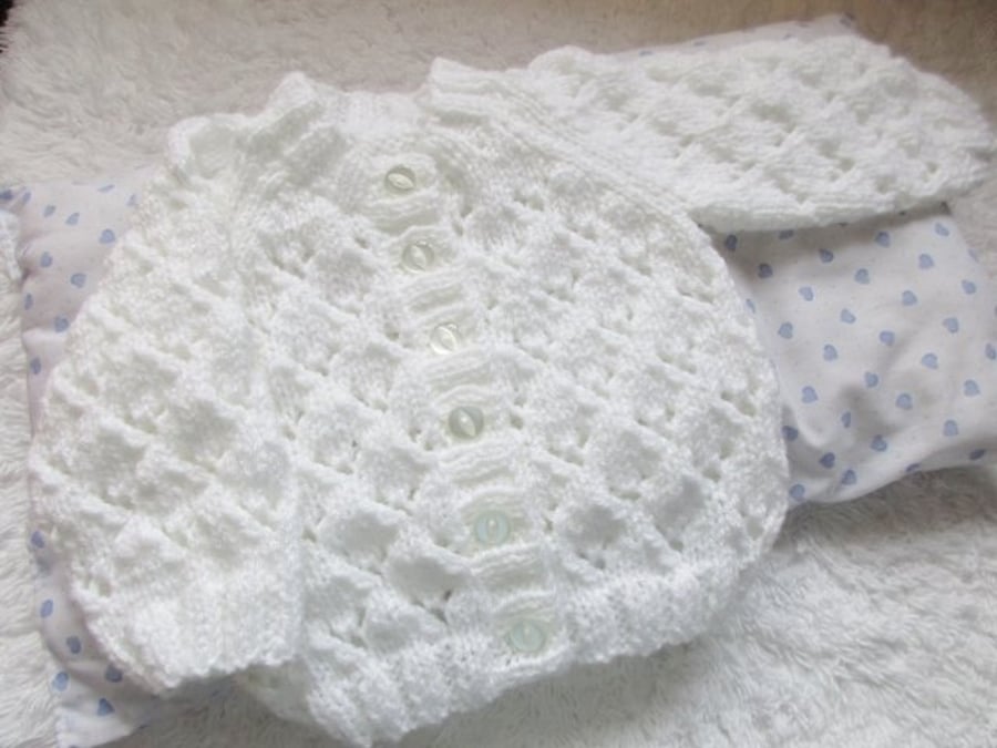 14" Newborn White Round Neck Lace Cardigan