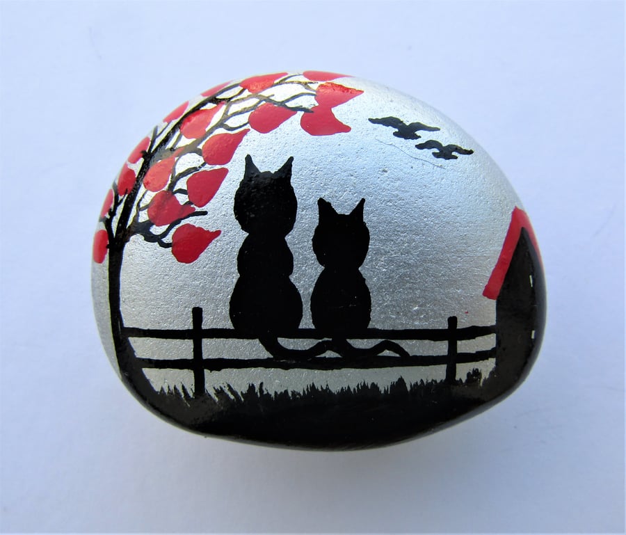 Cat Magnet, Hand Painted Stone, Black Kitten, Pebble Art, Kids Gift, Tree Hearts