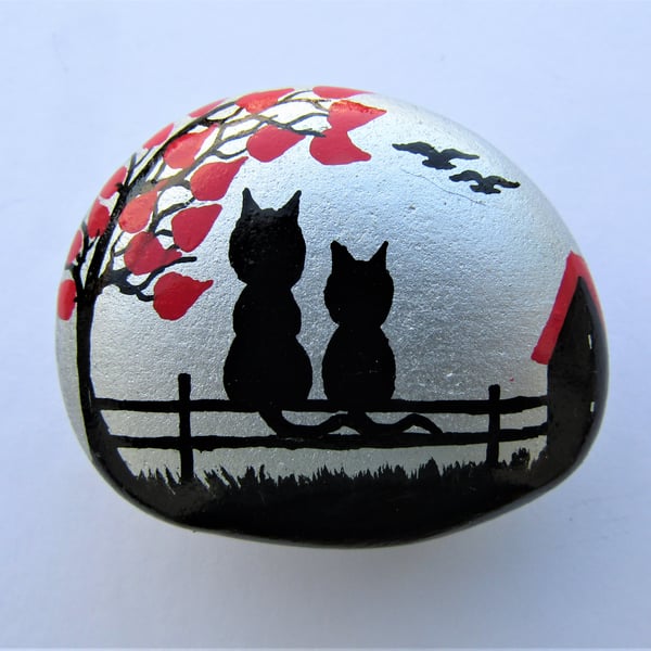 Cat Magnet, Hand Painted Stone, Black Kitten, Pebble Art, Kids Gift, Tree Hearts