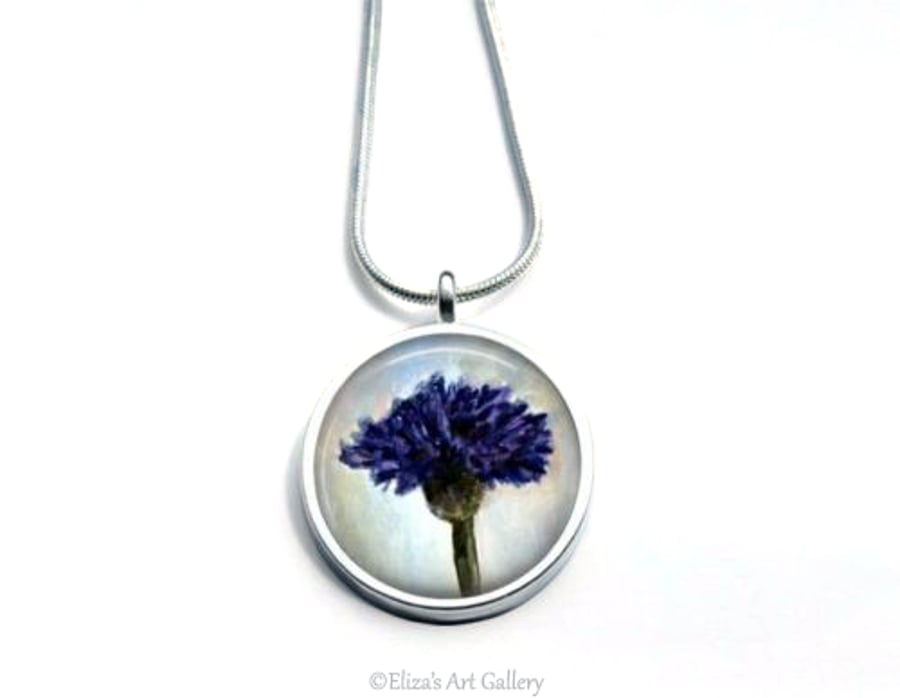 Silver Plated Cornflower Art Necklace