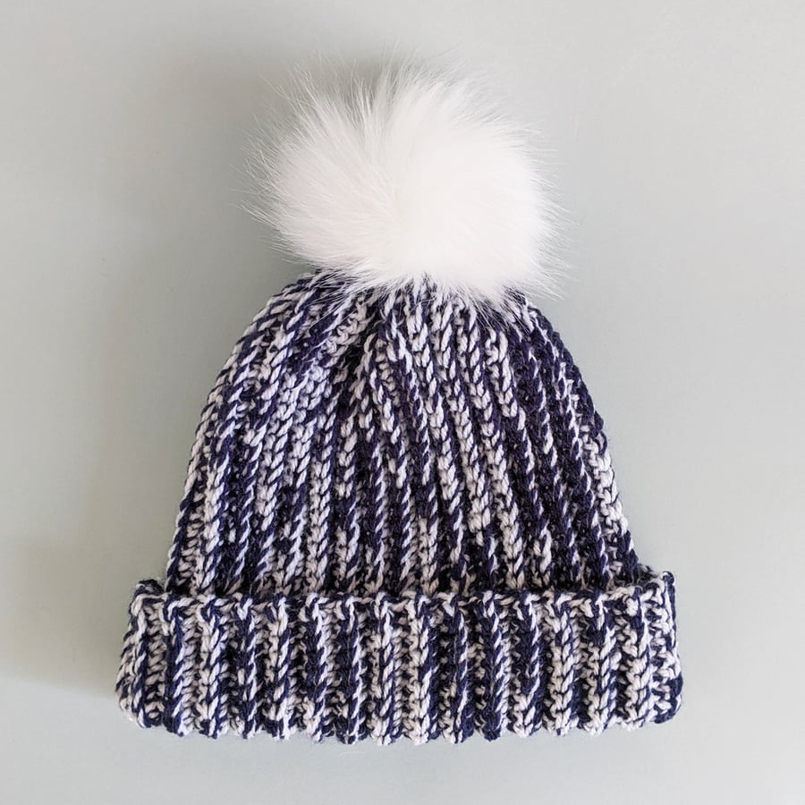 Beanie Slouch Hat - Blue and White Marled with Pom Pom