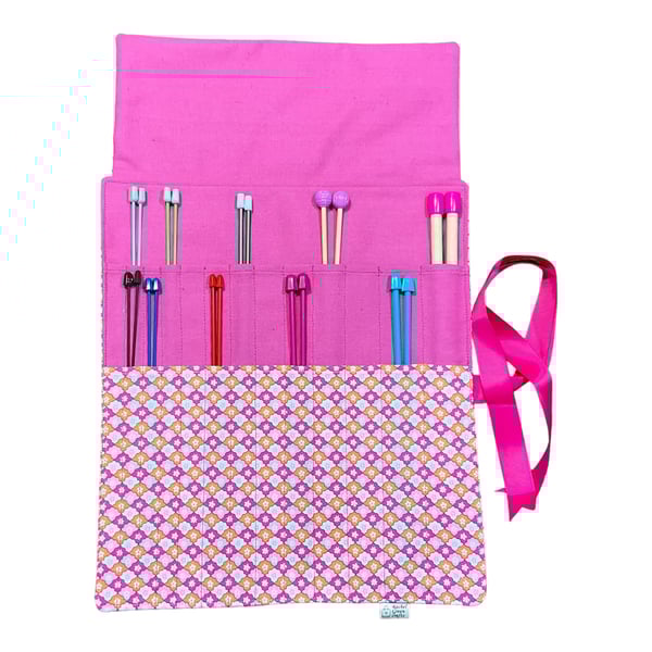 Liberty floral print Straight knitting needle case, needle roll, ribbon tie 