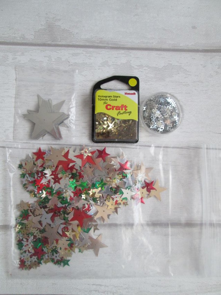 SOLD - 25g of Assorted Star Sequins in Red, Green, Silver & Gold