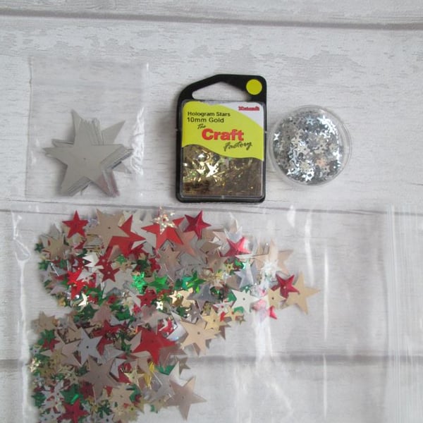 SOLD - 25g of Assorted Star Sequins in Red, Green, Silver & Gold
