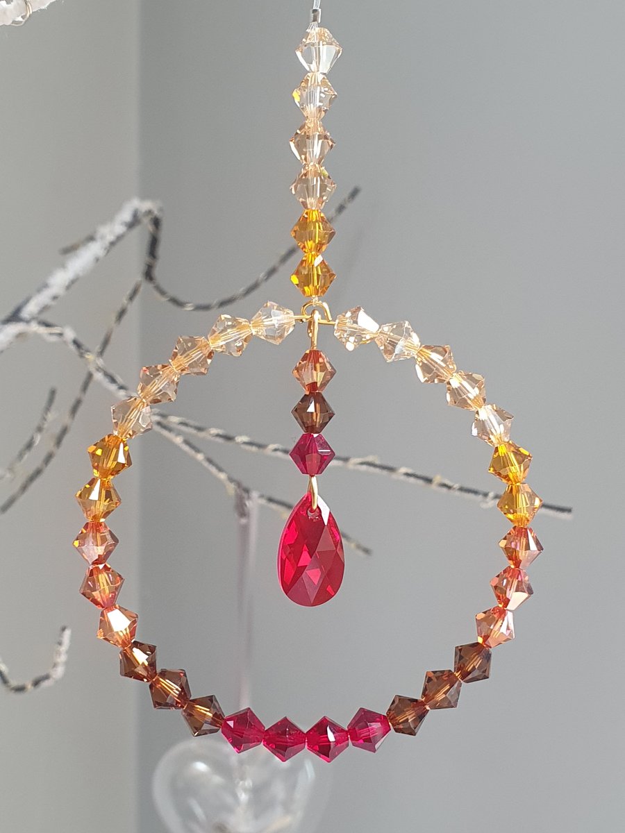 Swarovski Crystal Topaz Blend Suncatcher with Light Siam Shimmer Pear Pendant